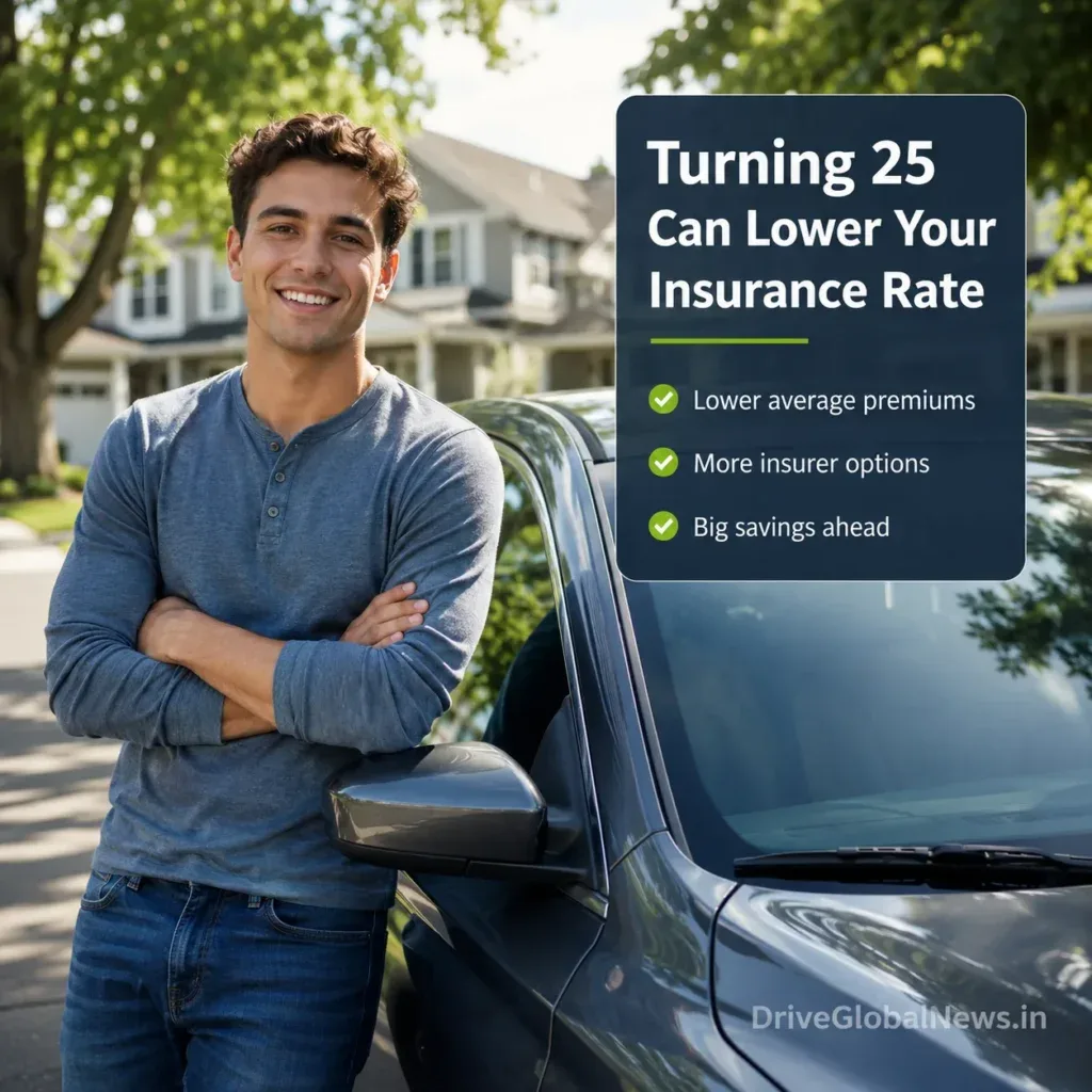 Visual editorial scene showing American drivers at different life stages — teenager, young adult around age 25, middle-aged driver, and senior driver — with their cars, subtle insurance cost concept represented through clean visual elements, realistic U.S. setting, premium automotive magazine photography, natural lighting, sophisticated composition, no excessive text, ultra-realistic 8K, subtle semi-transparent DriveGlobalNews.in watermark integrated into the lower-right corner, visible but elegant. Aspect Ratio: 16:9