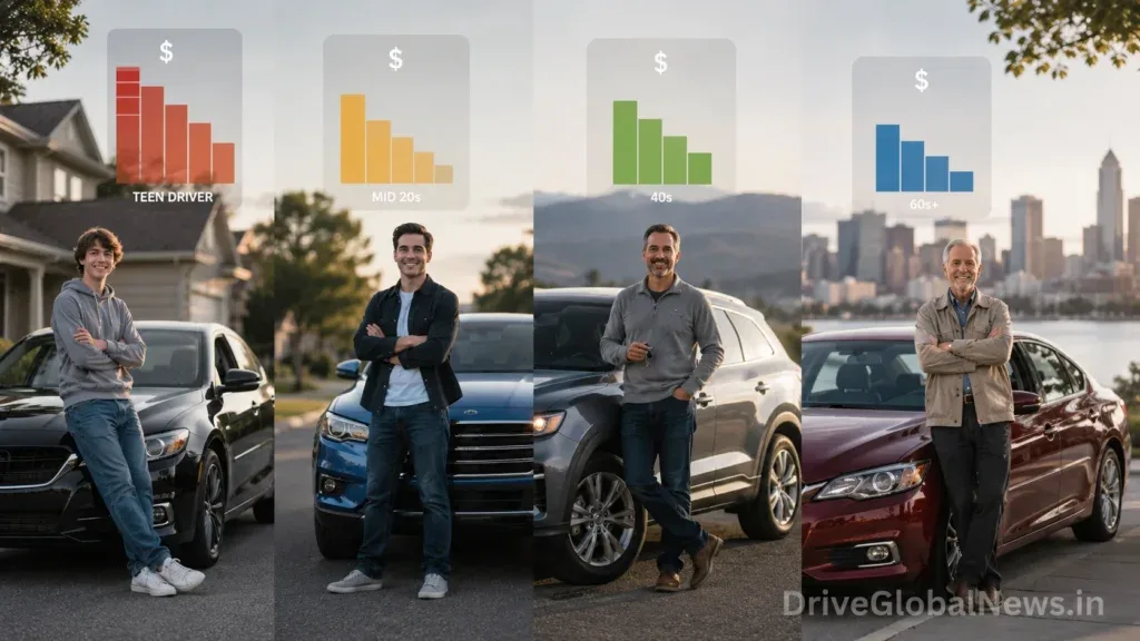 Visual editorial scene showing American drivers at different life stages — teenager, young adult around age 25, middle-aged driver, and senior driver — with their cars, subtle insurance cost concept represented through clean visual elements, realistic U.S. setting, premium automotive magazine photography, natural lighting, sophisticated composition, no excessive text, ultra-realistic 8K, subtle semi-transparent DriveGlobalNews.in watermark integrated into the lower-right corner, visible but elegant. Aspect Ratio: 16:9