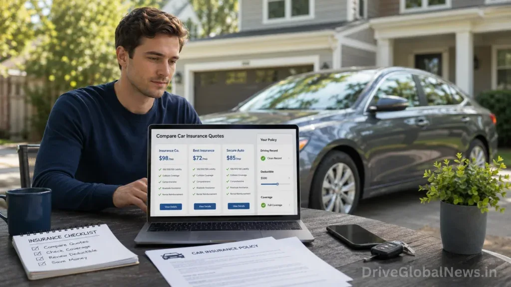 Visual editorial scene showing American drivers at different life stages — teenager, young adult around age 25, middle-aged driver, and senior driver — with their cars, subtle insurance cost concept represented through clean visual elements, realistic U.S. setting, premium automotive magazine photography, natural lighting, sophisticated composition, no excessive text, ultra-realistic 8K, subtle semi-transparent DriveGlobalNews.in watermark integrated into the lower-right corner, visible but elegant. Aspect Ratio: 16:9