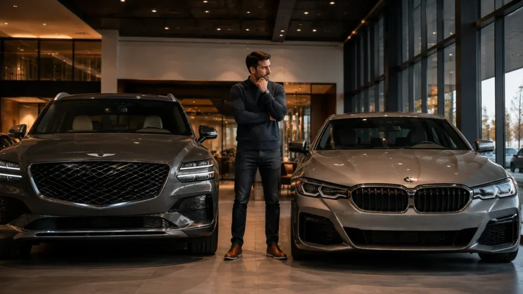 Prompt: Cinematic photorealistic automotive editorial image showing a modern luxury car buyer standing between two premium vehicles in an upscale American dealership-style setting, one side representing a well-equipped Genesis luxury vehicle and the other a traditional German luxury sedan, subtle visual storytelling about choosing real features and value versus badge prestige, elegant modern showroom architecture, realistic vehicles, natural sophisticated lighting, premium automotive magazine photography, highly detailed, emotional but realistic composition, no readable text, no price signs, no floating graphics, subtle DriveGlobalNews.in watermark, cinematic widescreen 16:9 composition