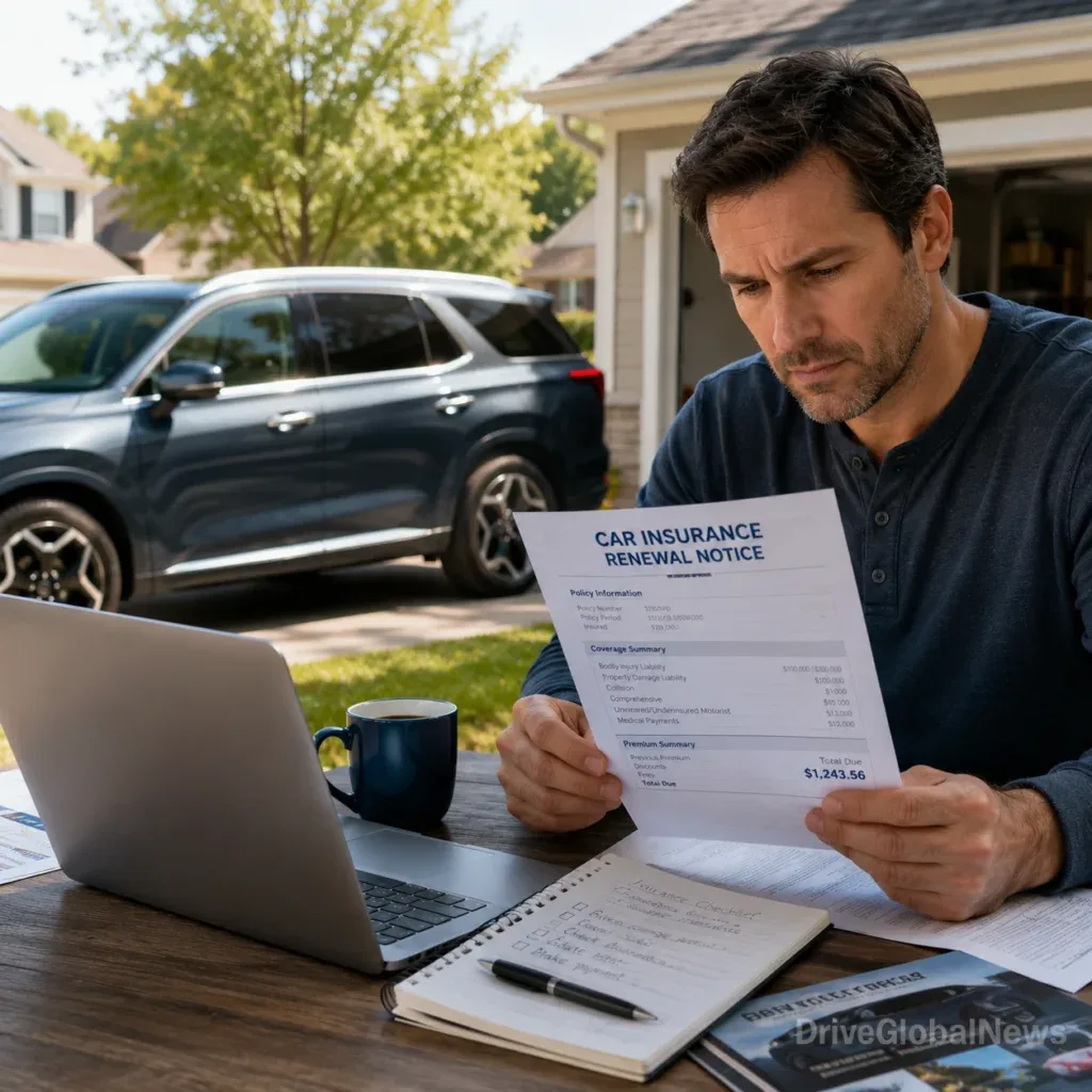 Prompt An American driver comparing multiple auto insurance quotes on a laptop and smartphone at home, insurance documents, calculator, modern family SUV parked outside the window, realistic lifestyle editorial photography, natural daylight, ultra-realistic 8K, HDR, subtle stylish semi-transparent DriveGlobalNews watermark in the bottom-right corner. Aspect Ratio: 16:9