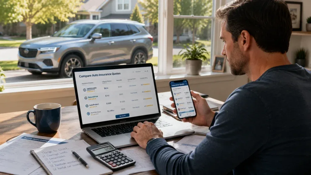 Prompt

An American driver comparing multiple auto insurance quotes on a laptop and smartphone at home, insurance documents, calculator, modern family SUV parked outside the window, realistic lifestyle editorial photography, natural daylight, ultra-realistic 8K, HDR, subtle stylish semi-transparent DriveGlobalNews watermark in the bottom-right corner. Aspect Ratio: 16:9