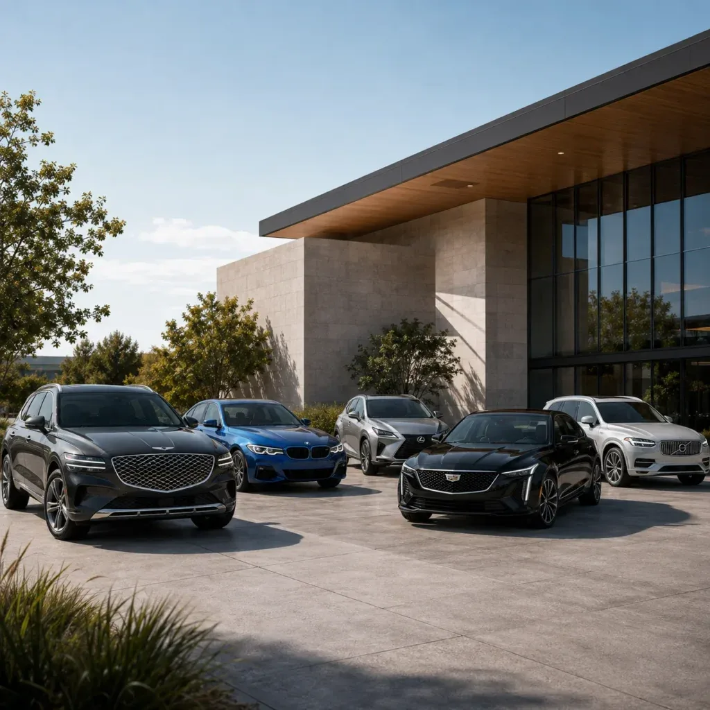 Prompt: Cinematic photorealistic automotive editorial image showing a modern luxury car buyer standing between two premium vehicles in an upscale American dealership-style setting, one side representing a well-equipped Genesis luxury vehicle and the other a traditional German luxury sedan, subtle visual storytelling about choosing real features and value versus badge prestige, elegant modern showroom architecture, realistic vehicles, natural sophisticated lighting, premium automotive magazine photography, highly detailed, emotional but realistic composition, no readable text, no price signs, no floating graphics, subtle DriveGlobalNews.in watermark, cinematic widescreen 16:9 composition