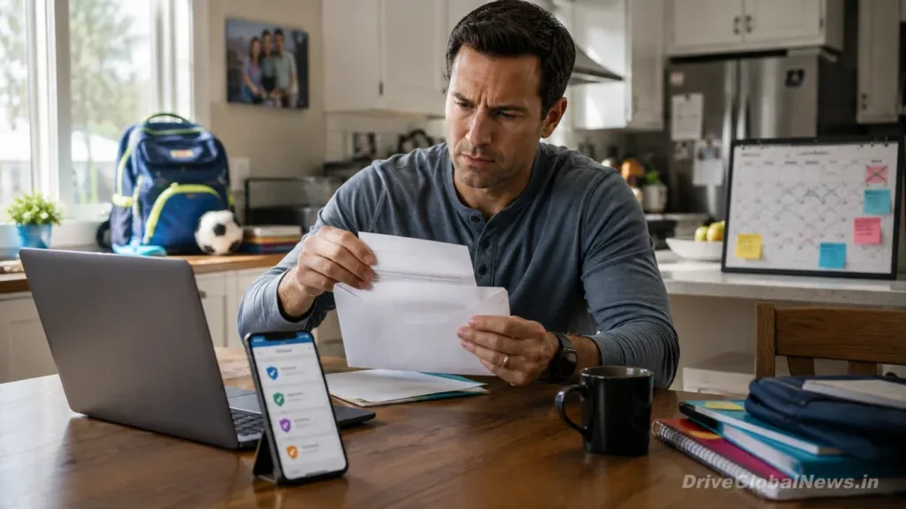 Aspect Ratio: 16:9 Close-up editorial scene of an American driver reviewing auto insurance coverage before renewal, laptop displaying abstract comparison charts, printed insurance declarations page with highlighted coverage limits and deductibles, car keys and smartphone nearby, vehicle visible softly through a home window, organized and confident financial planning atmosphere, realistic premium automotive insurance photography, natural afternoon light, visual storytelling around comparing coverage and securing a better rate before the old policy expires, no readable personal information, no insurer branding, no prices, no text overlays, Google Discover optimized, ultra-realistic 8K, subtle semi-transparent DriveGlobalNews.in watermark positioned in the lower-right corner. Aspect Ratio: 16:9
