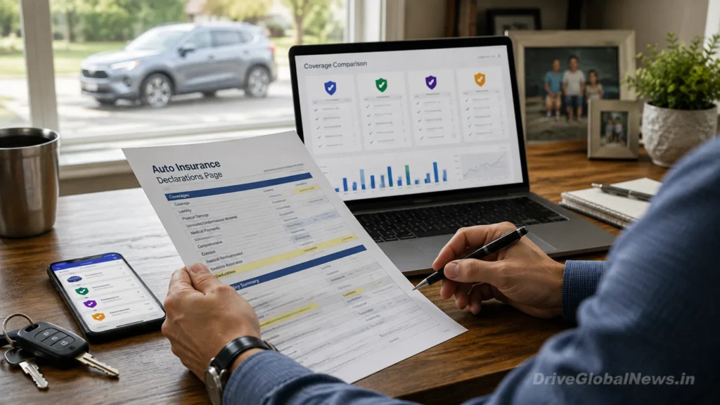 Aspect Ratio: 16:9 Close-up editorial scene of an American driver reviewing auto insurance coverage before renewal, laptop displaying abstract comparison charts, printed insurance declarations page with highlighted coverage limits and deductibles, car keys and smartphone nearby, vehicle visible softly through a home window, organized and confident financial planning atmosphere, realistic premium automotive insurance photography, natural afternoon light, visual storytelling around comparing coverage and securing a better rate before the old policy expires, no readable personal information, no insurer branding, no prices, no text overlays, Google Discover optimized, ultra-realistic 8K, subtle semi-transparent DriveGlobalNews.in watermark positioned in the lower-right corner. Aspect Ratio: 16:9