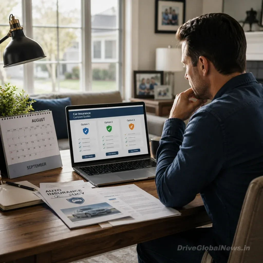 Aspect Ratio: 16:9 Close-up editorial scene of an American driver reviewing auto insurance coverage before renewal, laptop displaying abstract comparison charts, printed insurance declarations page with highlighted coverage limits and deductibles, car keys and smartphone nearby, vehicle visible softly through a home window, organized and confident financial planning atmosphere, realistic premium automotive insurance photography, natural afternoon light, visual storytelling around comparing coverage and securing a better rate before the old policy expires, no readable personal information, no insurer branding, no prices, no text overlays, Google Discover optimized, ultra-realistic 8K, subtle semi-transparent DriveGlobalNews.in watermark positioned in the lower-right corner. Aspect Ratio: 16:9