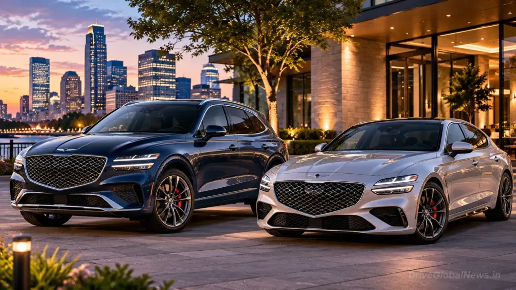 Prompt: Cinematic photorealistic automotive editorial image showing a modern luxury car buyer standing between two premium vehicles in an upscale American dealership-style setting, one side representing a well-equipped Genesis luxury vehicle and the other a traditional German luxury sedan, subtle visual storytelling about choosing real features and value versus badge prestige, elegant modern showroom architecture, realistic vehicles, natural sophisticated lighting, premium automotive magazine photography, highly detailed, emotional but realistic composition, no readable text, no price signs, no floating graphics, subtle DriveGlobalNews.in watermark, cinematic widescreen 16:9 composition